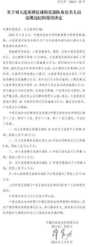 罚单：大连英博被罚44万！4将共停赛24场，广州门将禁4场